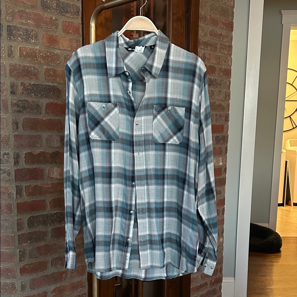 Travis Mathew Teal and Gray Plaid Shirt